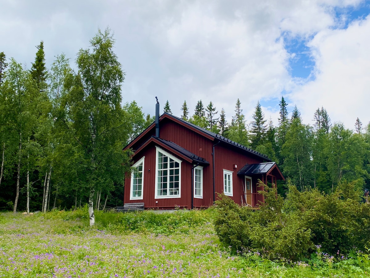 A charming red cottage is set against a backdrop of lush green trees. Large windows allow natural light to fill the interior, while a field of wildflowers in the foreground adds color to the serene landscape.