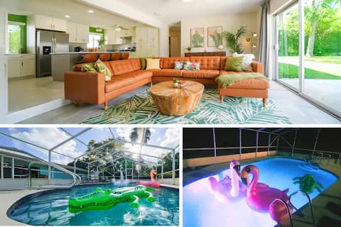 Large lighted Pool, 8 min to beach, huge backyard