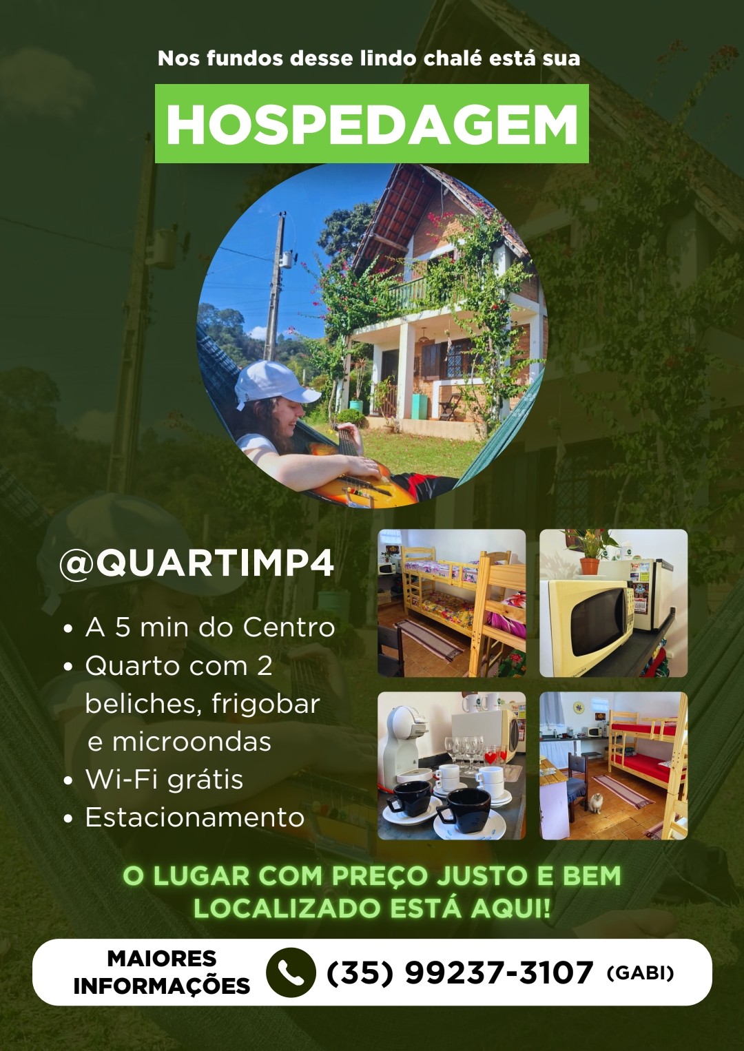 A charming chalet is showcased, surrounded by greenery. The cozy interior features two bunk beds, a refrigerator, and a microwave. A television is mounted on the wall, and a table is visible nearby, enhancing the inviting atmosphere for guests.