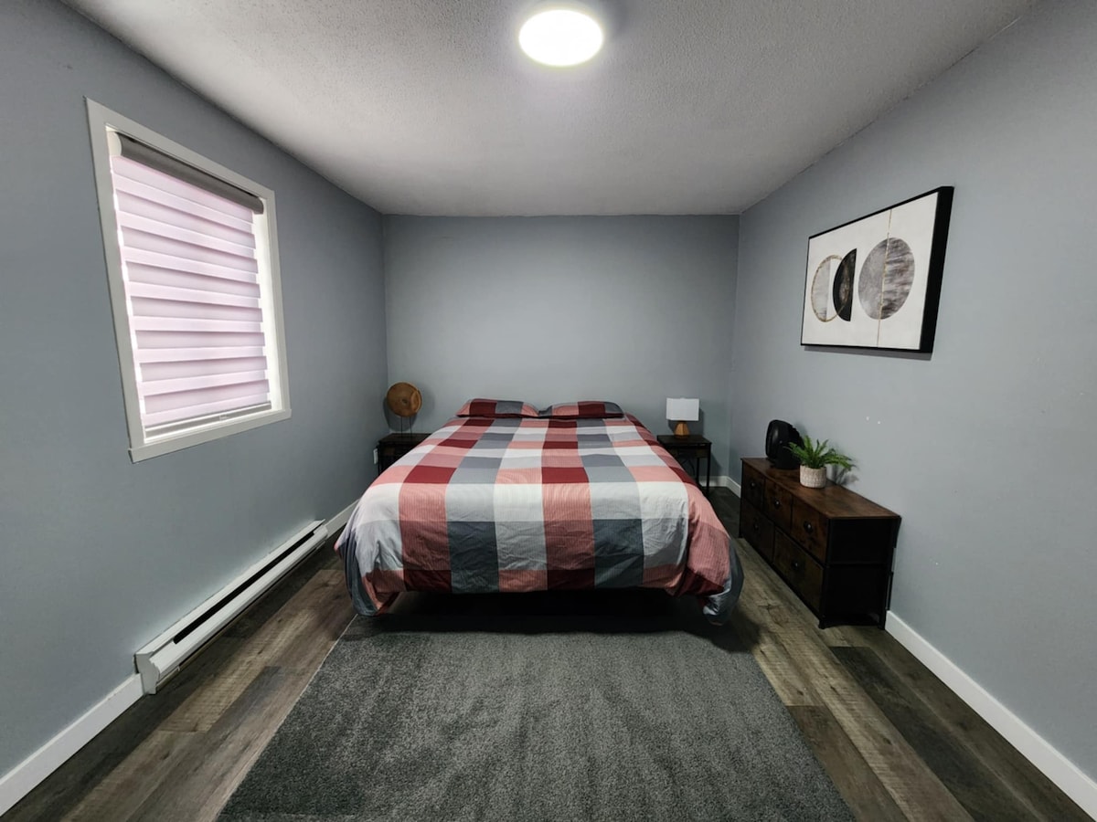 A well-appointed bedroom is presented with a spacious bed covered in a red and blue striped comforter. Soft carpet lines the floor, and a modern artwork piece hangs above a dark wood dresser. Natural light enters through a partially covered window.