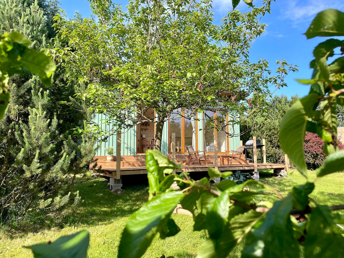A newly constructed house is partially obscured by lush greenery, featuring large glass doors that open to a wooden deck. Natural light fills the interior, creating a peaceful connection with the surrounding garden. The space is framed by trees and shrubbery, promoting a sense of privacy.