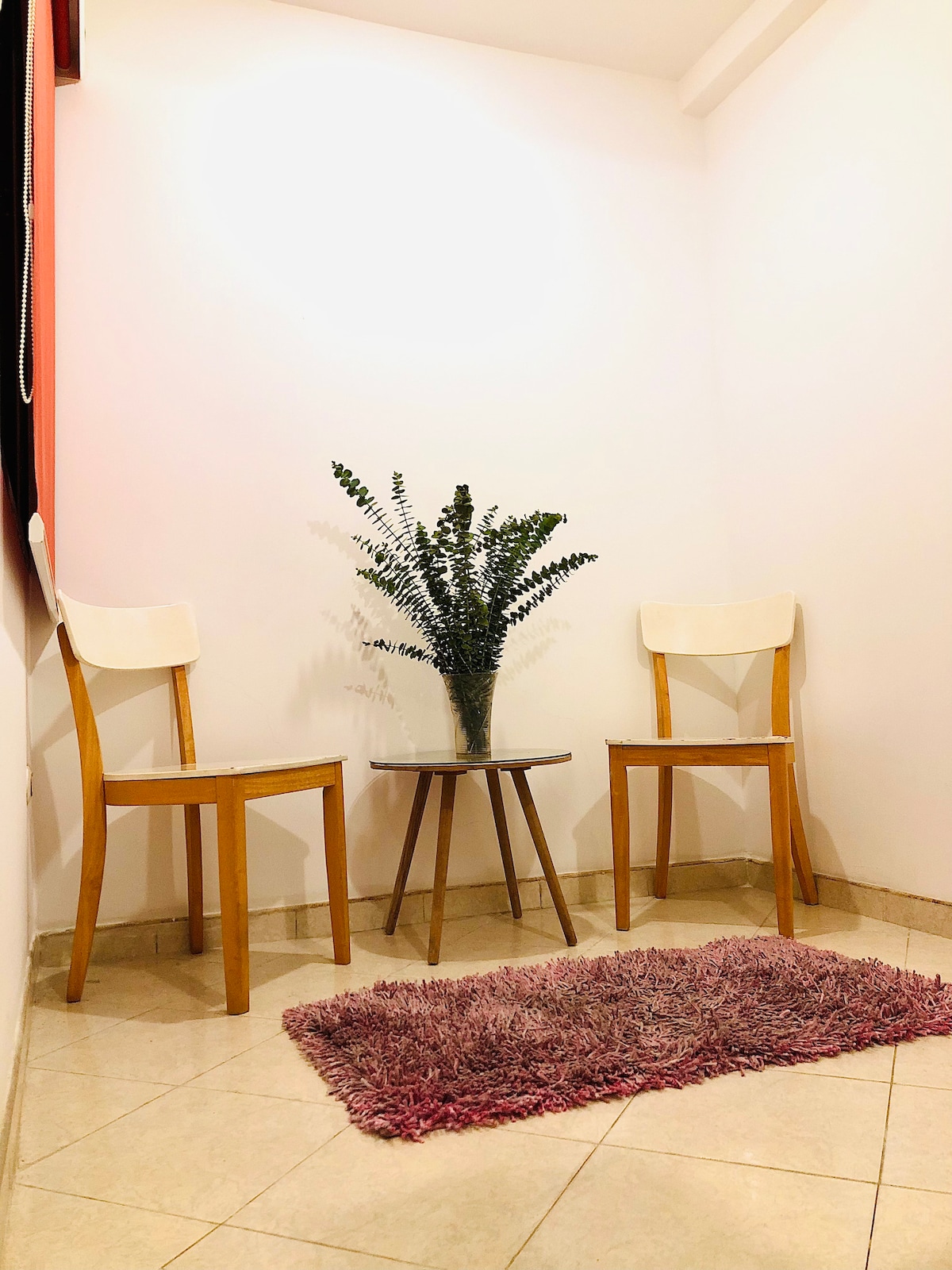 A cozy corner is presented with two wooden chairs positioned around a small circular table. A vase with greenery is placed on the table. A plush, pink rug adds texture to the tiled floor beneath.