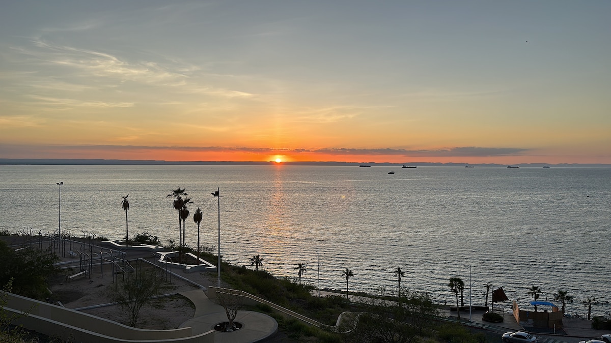 A serene view of the sunset over calm waters is captured, with the sun appearing to dip below the horizon. Silhouettes of palm trees line the foreground, while distant cargo ships are visible on the water.