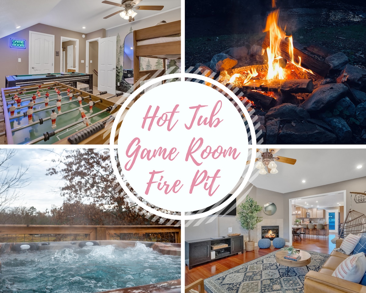 A collage of amenities features a game room with foosball and pool tables, a glowing natural wood fire pit surrounded by stones, a bubbling hot tub with mountain views, and a cozy living room with ample seating and an electric fireplace.