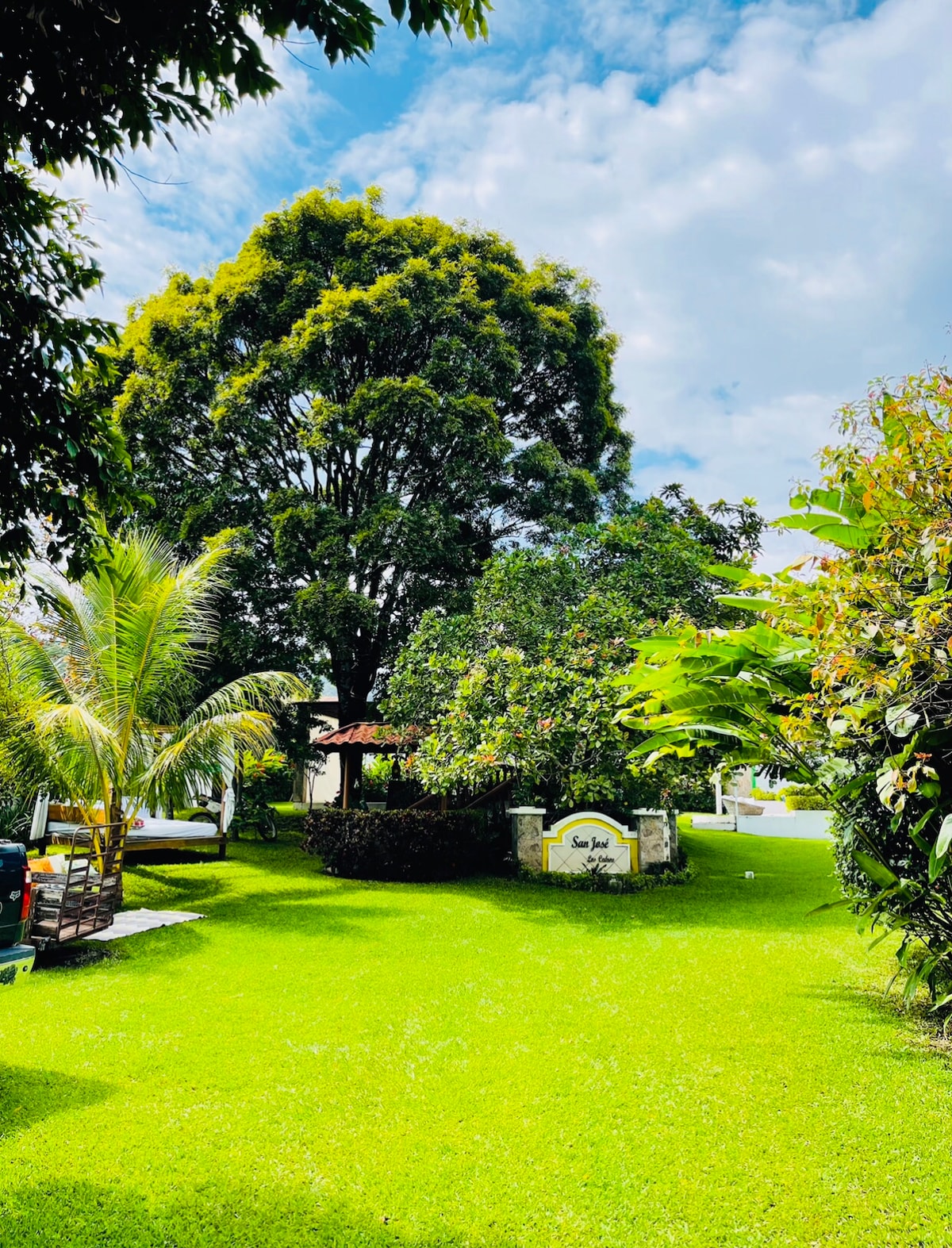 A large, well-maintained green lawn is surrounded by various trees, including a tall tree offering shade. The vibrant foliage creates a serene outdoor space ideal for relaxation. A welcoming sign is partially visible among the greenery, enhancing the inviting atmosphere of the property.