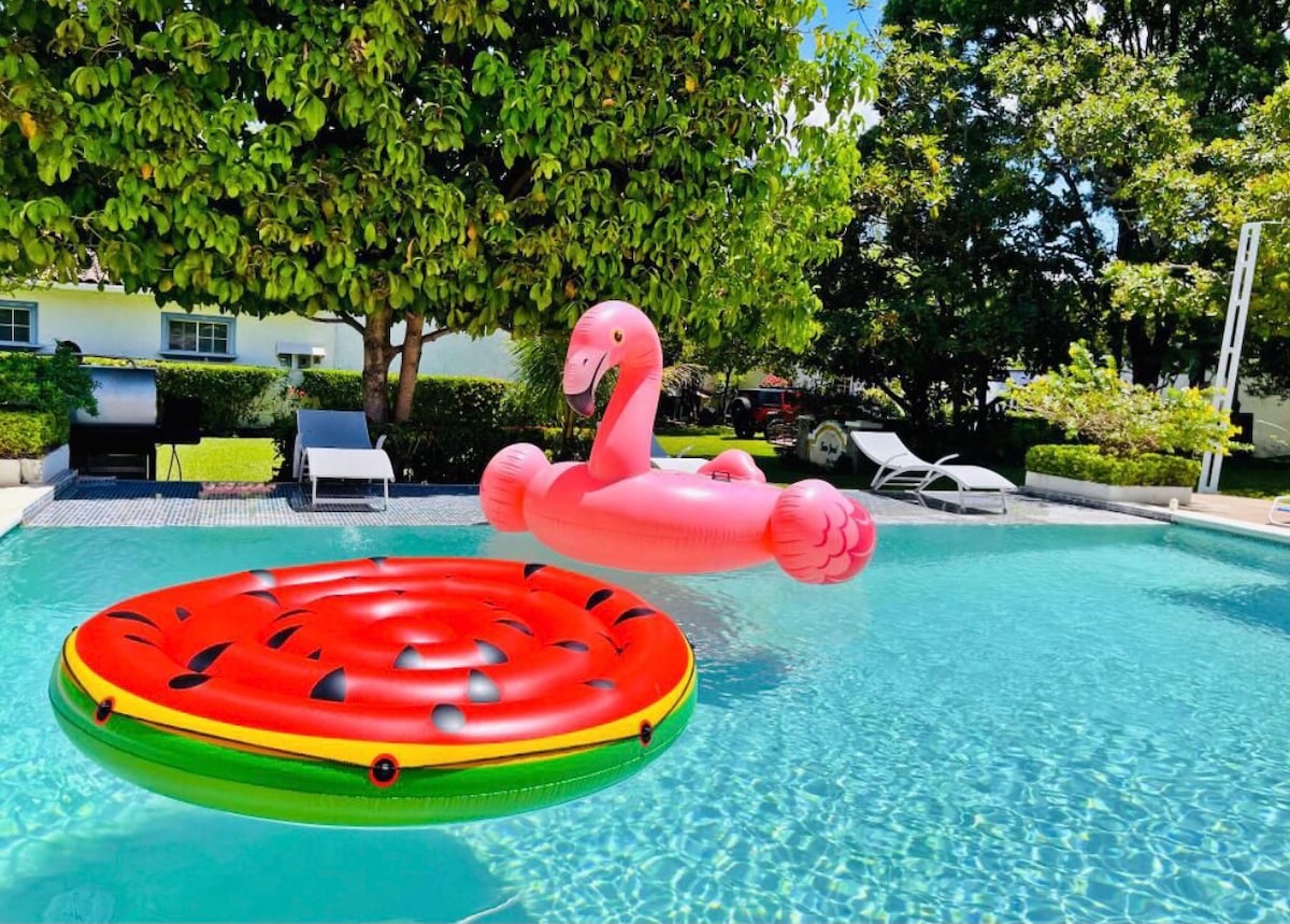 A vibrant swimming pool features two inflatable floats, one shaped like a watermelon and the other resembling a flamingo. Surrounding the pool are sun loungers positioned under the shade of lush trees, providing a relaxing outdoor space for enjoyment.