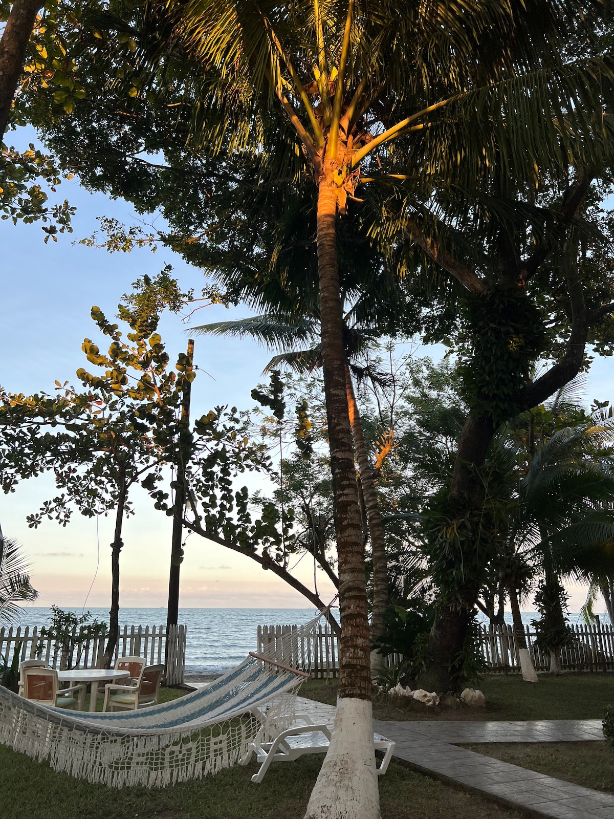 A tranquil outdoor space is depicted with a hammock gently swaying between palm trees. A small table with chairs is positioned nearby, surrounded by lush greenery. The view of the sea can be seen in the background, complemented by a colorful sky as the sun sets.