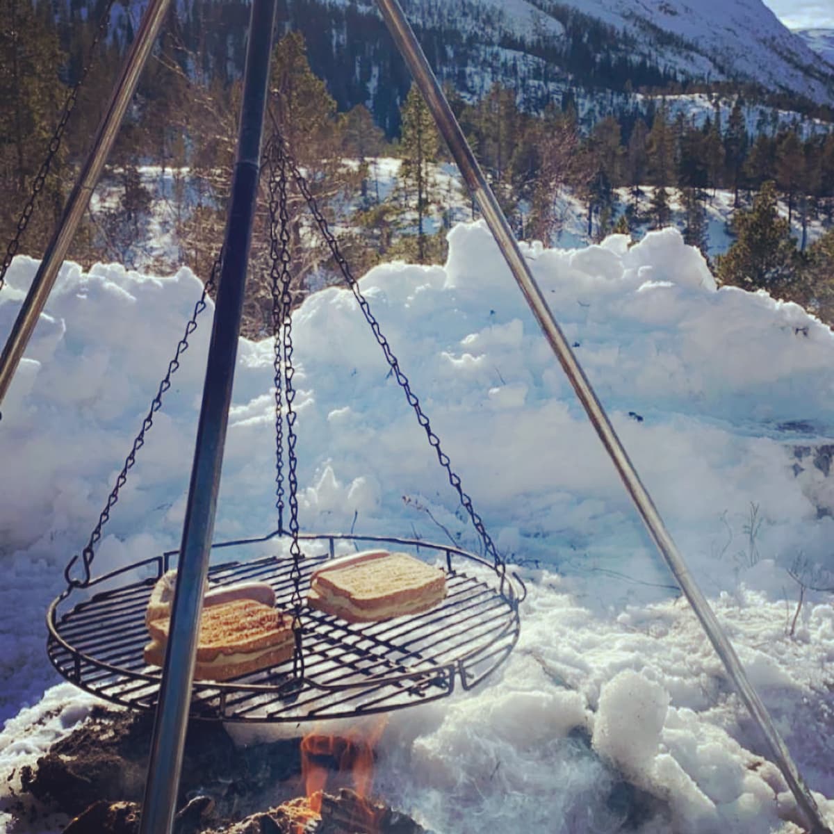A grilling setup is positioned above a small fire, featuring a metal grate supporting sandwiches. Snow-covered ground and pine trees create a natural backdrop, with distant mountains visible, highlighting the outdoor cooking experience in a winter landscape.