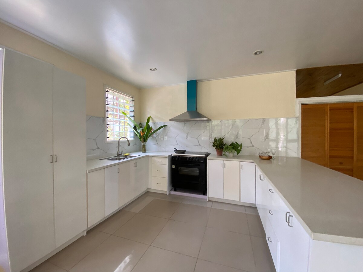 A spacious kitchen features white cabinetry and a marble backsplash. A large countertop provides ample workspace. A stainless steel stove is positioned against the wall, complemented by fresh plants in the corner. Natural light filters in through a window with a subtle grid pattern.