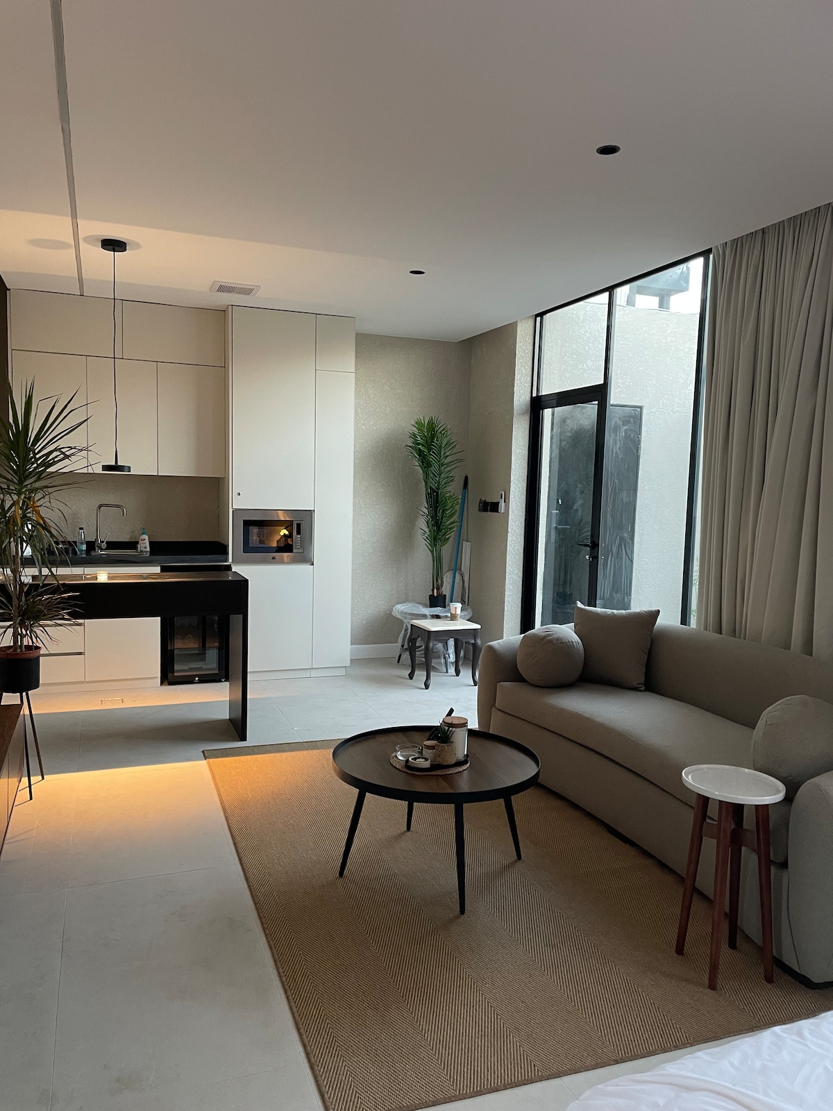 An open-plan living space features a comfortable sofa and a round coffee table positioned on a light-colored rug. A small kitchenette is visible in the background, alongside a potted plant. Large windows allow natural light to fill the room, creating a bright ambiance.
