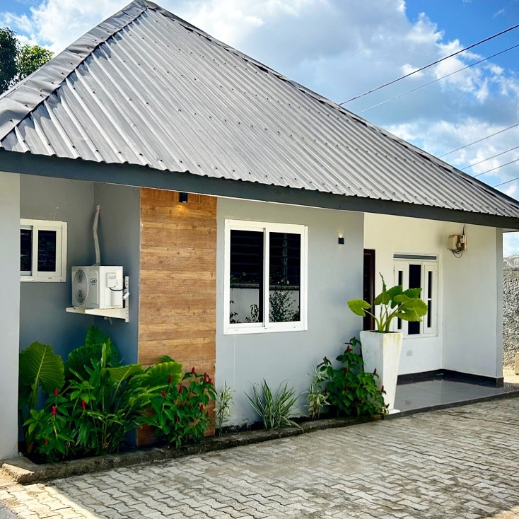 The exterior of a modern single-story home is shown, featuring a sloped metal roof and a combination of gray and wooden accents. Lush greenery, including large potted plants, lines the entrance, while a driveway made of cobblestones leads up to the house.