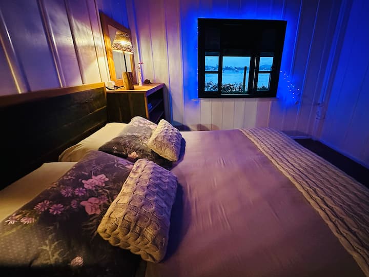 Chambre en bord de mer avec un lit queen très confortable et le confort d'une climatisation, d'un chauffage et d'une climatisation flambant neufs