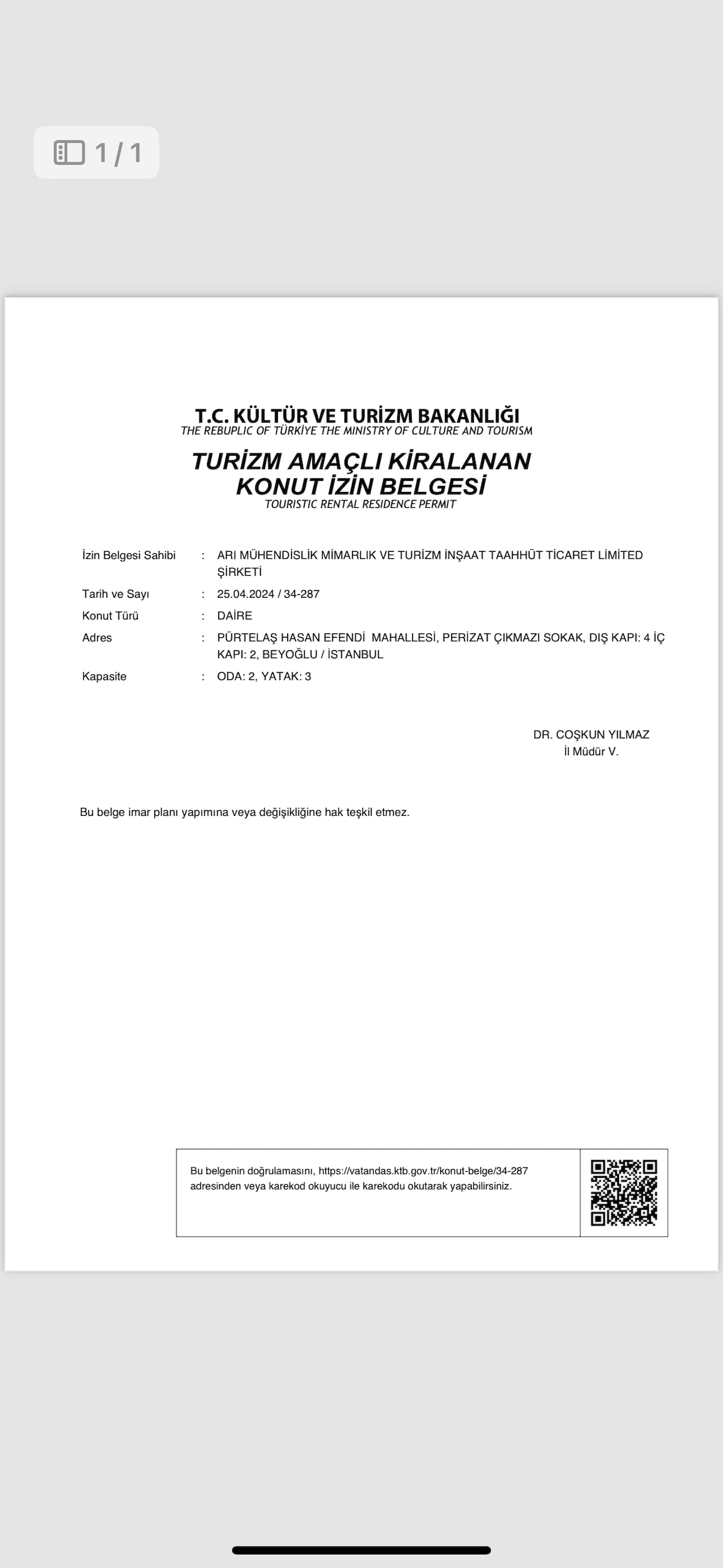 A document featuring official letters and logos. The text includes headings in Turkish, discussing tourism-related permissions for rental properties. A QR code is present at the bottom, providing additional information. The layout is organized with clear sections and an institutional design.