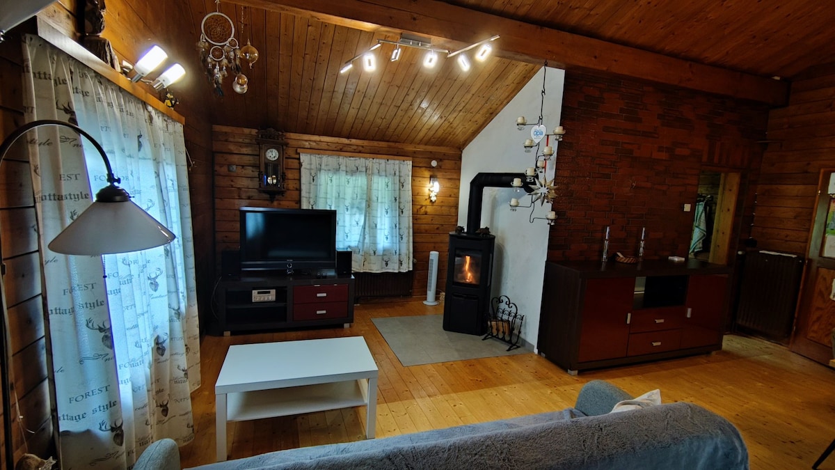 A cozy living area features wooden walls and a warm color palette. A comfortable sofa faces a television and a wood-burning stove. Natural light enters through sheer curtains. A white coffee table sits centrally on a soft rug, complemented by dark furniture pieces.