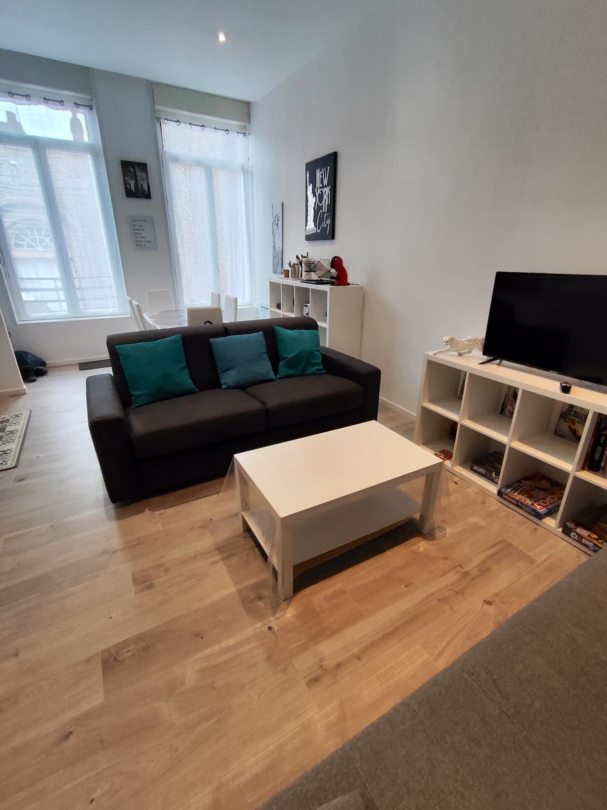 The living area features a dark sofa with teal cushions, positioned opposite a white coffee table. A TV is placed on a white shelving unit nearby. Large windows provide natural light, while light-colored wooden flooring adds warmth to the space.