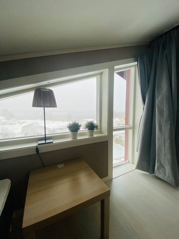 (Foto tomada en un día nevado y ventoso). ¡Vista desde el loft para dormir! Muy agradable en días con un cielo azul claro. Equipado con cortinas opacas.