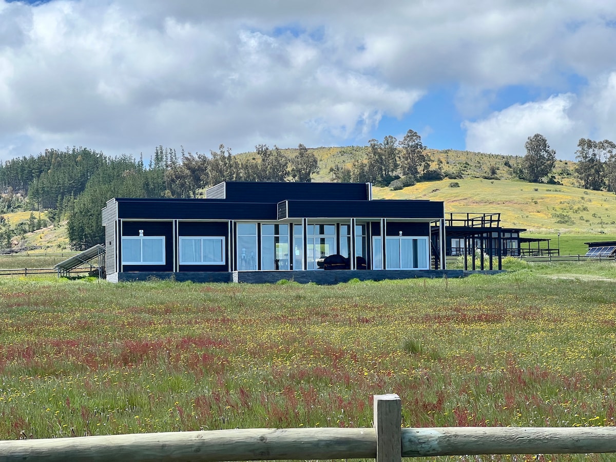 A modern house features dark paneling and large windows, set against a backdrop of rolling green hills and colorful wildflowers. The spacious layout integrates indoor and outdoor living, inviting natural light throughout the home while offering scenic views of the surrounding landscape.