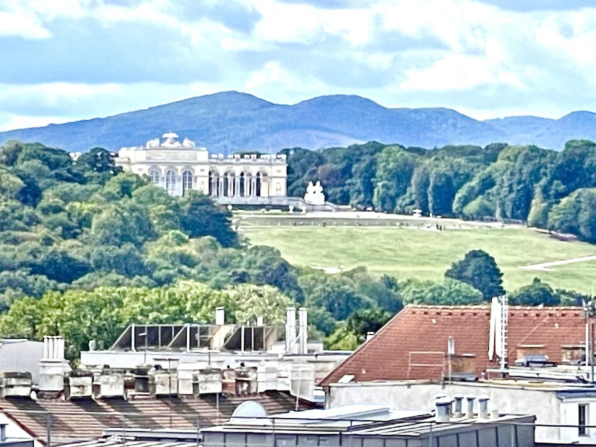 A grand building is visible atop a grassy hill, framed by trees and rolling mountains in the background. The foreground features a mixture of rooftops, indicating a blend of urban and natural landscapes, with a variety of shapes and materials seen from afar.