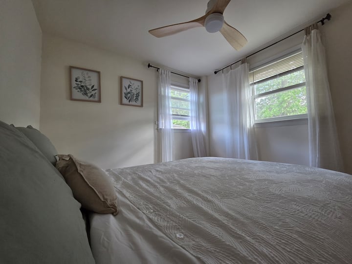 Bedroom 2:  Windows face the tallest trees in the property were birds of all kind gather to serenade the neighborhood.  This room is perfect to disconnect and experience nature from indoors.  Have added an air conditioner not shown in the picture.