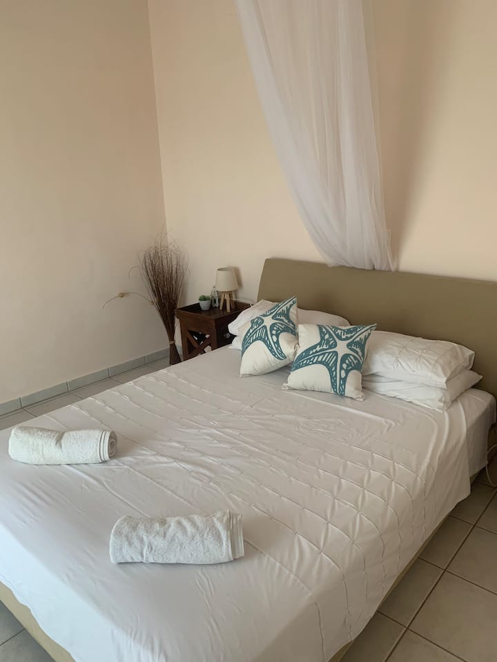 Chambre 1 - Chambre double.
Contenu : 
Armoires, tiroirs, climatisation, volets occultants, table de chevet avec lampes et miroir. 