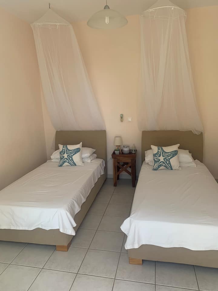 Chambre 2 - Chambre à deux lits.
Contenu : 
Armoires, tiroirs, climatisation, volets occultants, table de chevet avec lampes et miroir. 