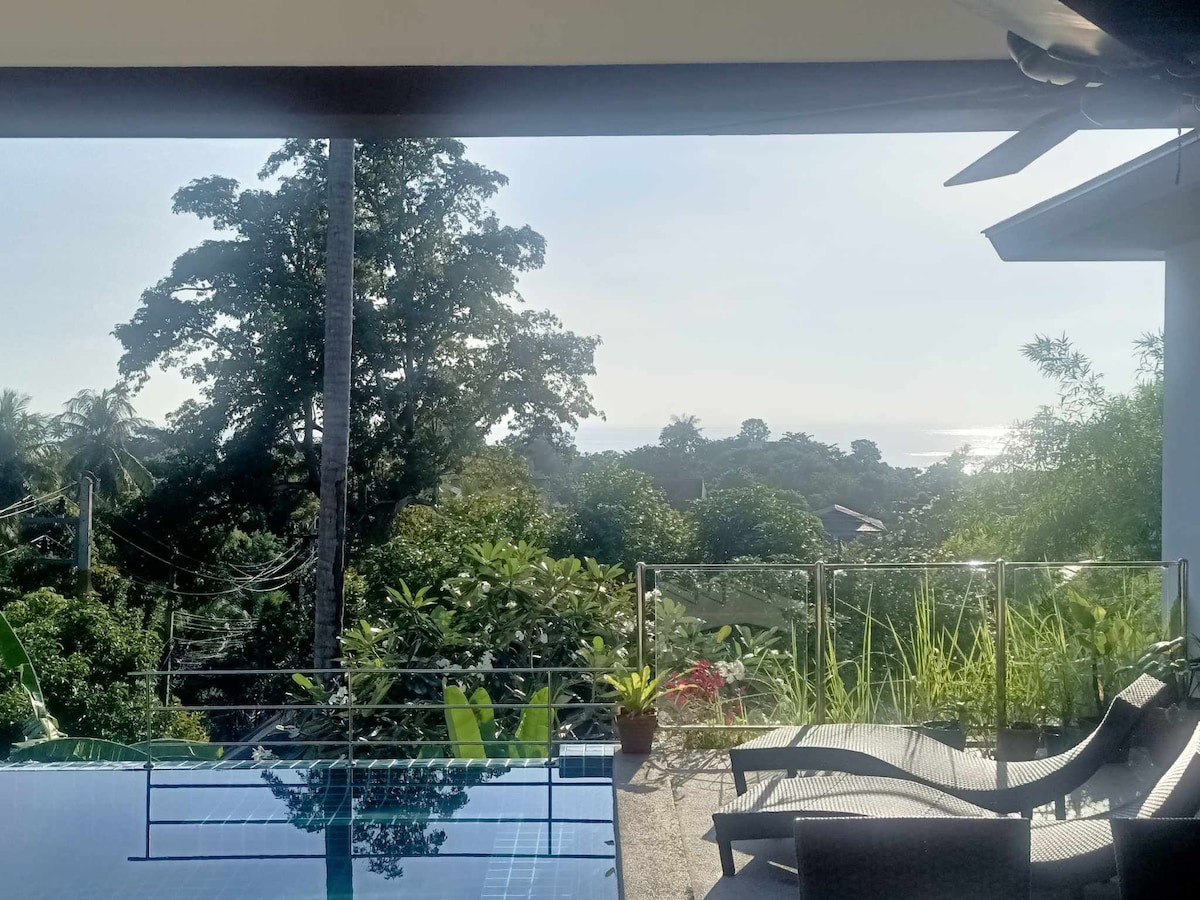 The image captures a serene view from a terrace overlooking a private pool. Lush greenery surrounds the area, with tropical foliage and palm trees creating a natural frame. The horizon hints at the sea, while gentle morning light casts a soft glow on the scene.