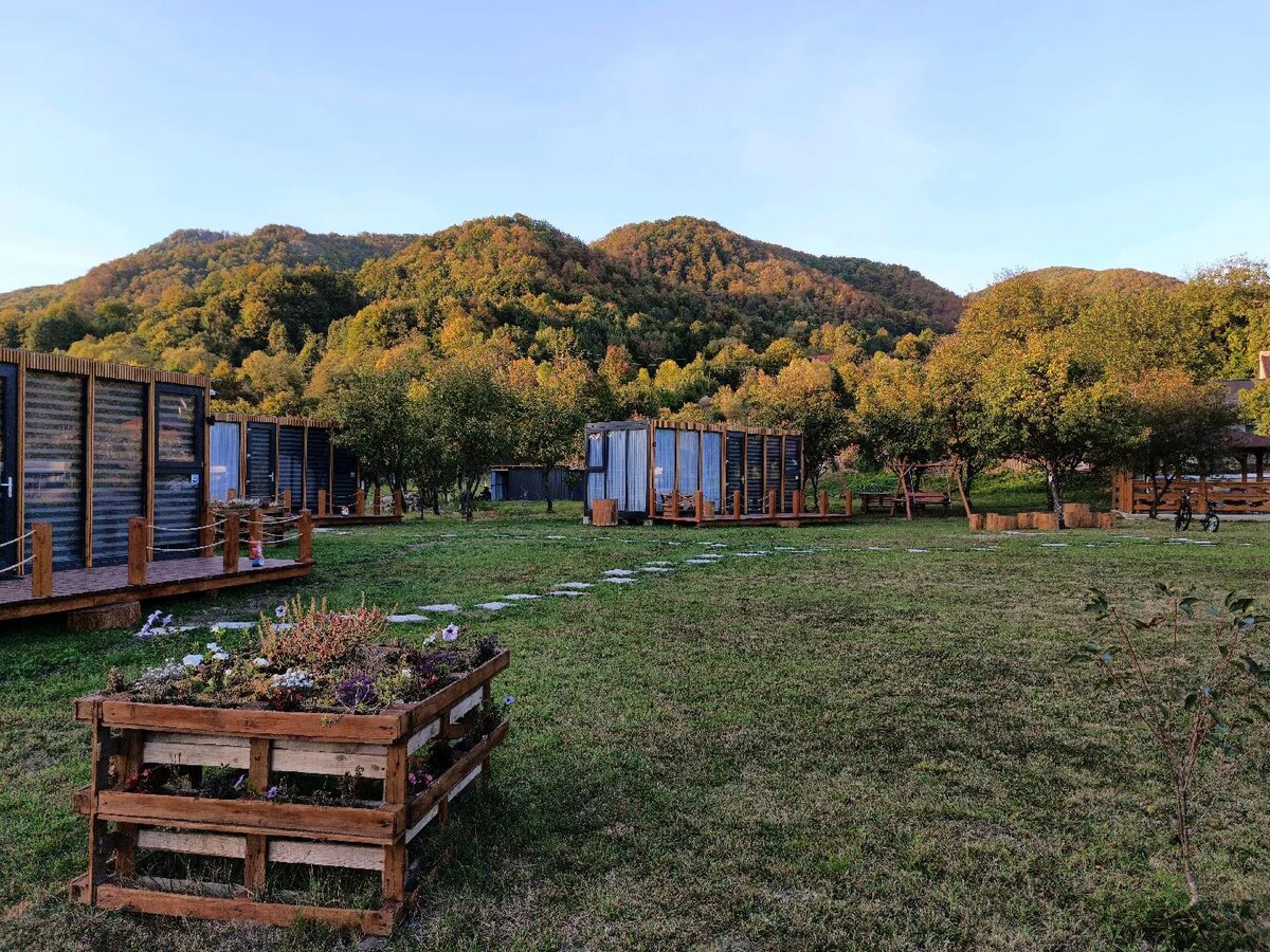 A serene outdoor area is surrounded by lush green mountains, featuring multiple tiny houses lined up along a grassy field. A wooden planter filled with flowers adds a touch of color to the landscape, enhancing the natural setting.
