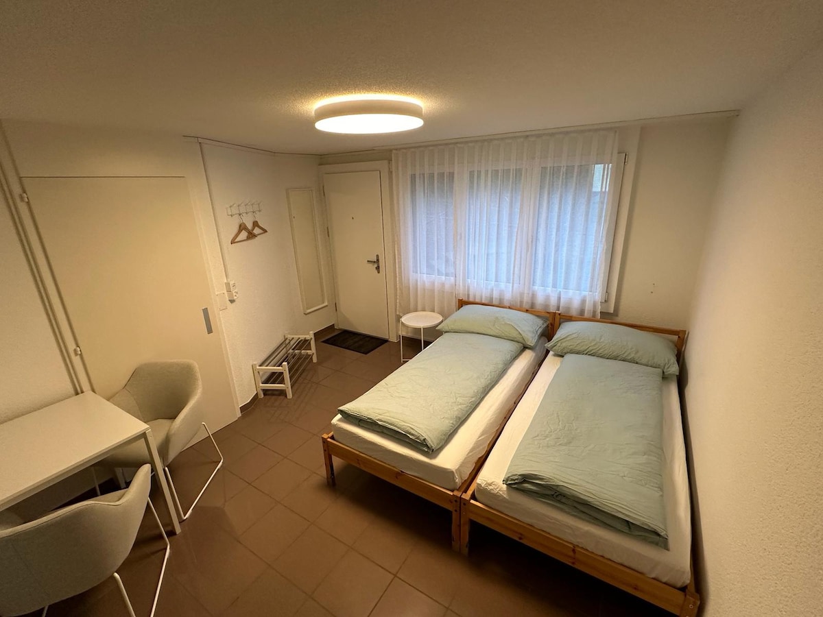 The spacious studio features two single beds with soft linens, providing a simple and comfortable sleeping arrangement. A small round table and two chairs are positioned nearby, suitable for dining or workspace. Natural light enters through a large window, enhancing the room's bright atmosphere.