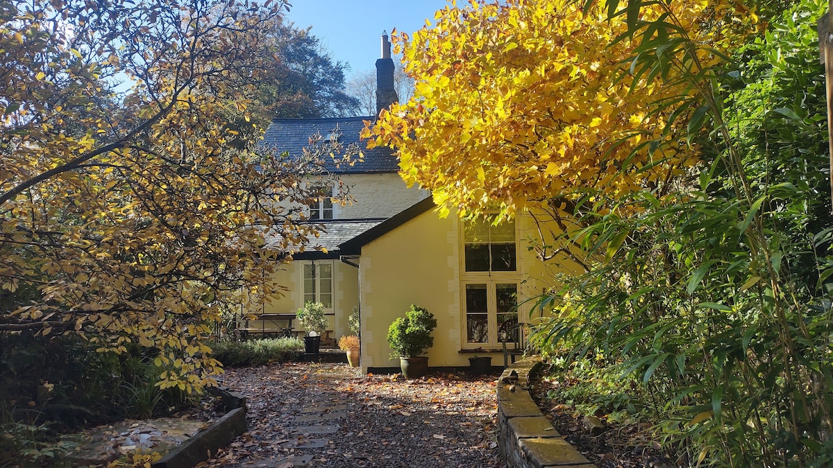 A quaint cottage is surrounded by vibrant autumn foliage, featuring a path leading to a welcoming yellow exterior. Tall trees and shrubs frame the entrance, creating a secluded atmosphere, while sunlight filters through the leaves, highlighting the peaceful setting.