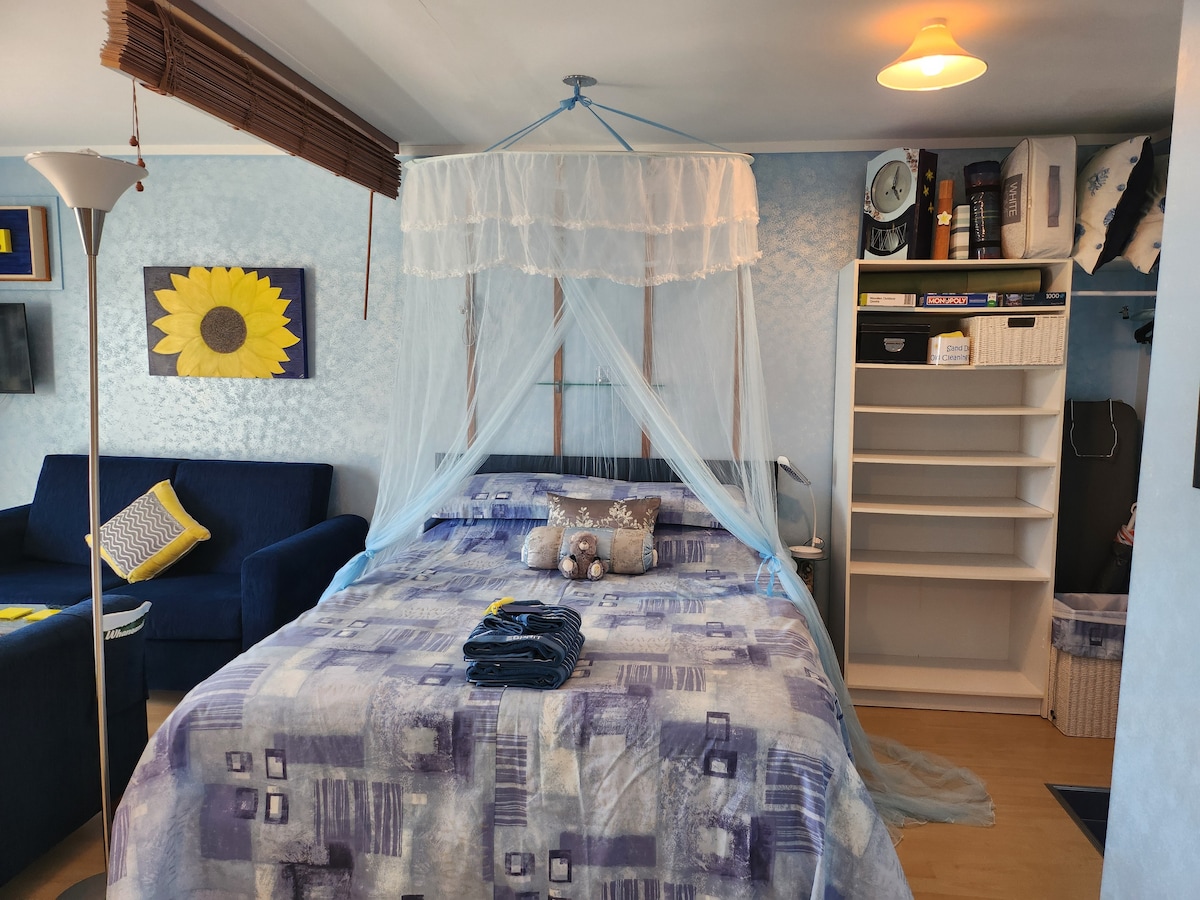 A cozy sleeping area features a spacious bed draped with a sheer canopy and adorned with a decorative quilt. Soft blue walls provide a calming backdrop, complemented by a bright sunflower artwork. A couch and shelving unit are positioned nearby, enhancing the overall comfort.