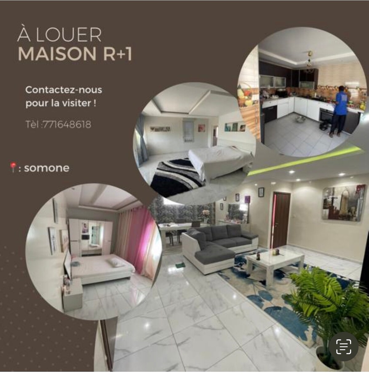 The image displays various areas of the villa including a well-equipped kitchen with modern appliances, a seating area featuring a comfortable couch, and a cozy sleeping space with a spacious bed. Neutral colors and polished flooring are featured throughout, enhancing the open layout.