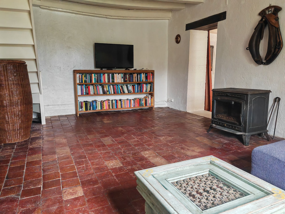 A living area features a rustic charm with terracotta tiled flooring and natural light. A well-stocked bookshelf stands against the wall, complemented by a cozy seating arrangement. A modern television is mounted nearby. A traditional wood stove adds warmth to the space.