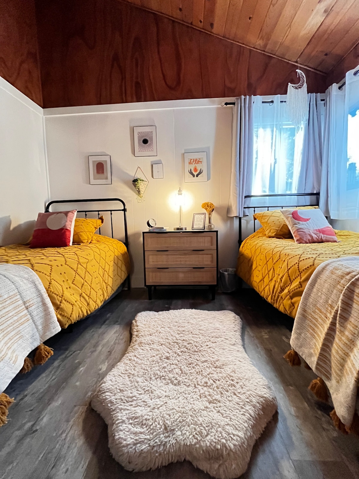 Adults or kids will sleep comfortably in this room. A Charging USB station on the lamp so you can charge your electronics while sleeping