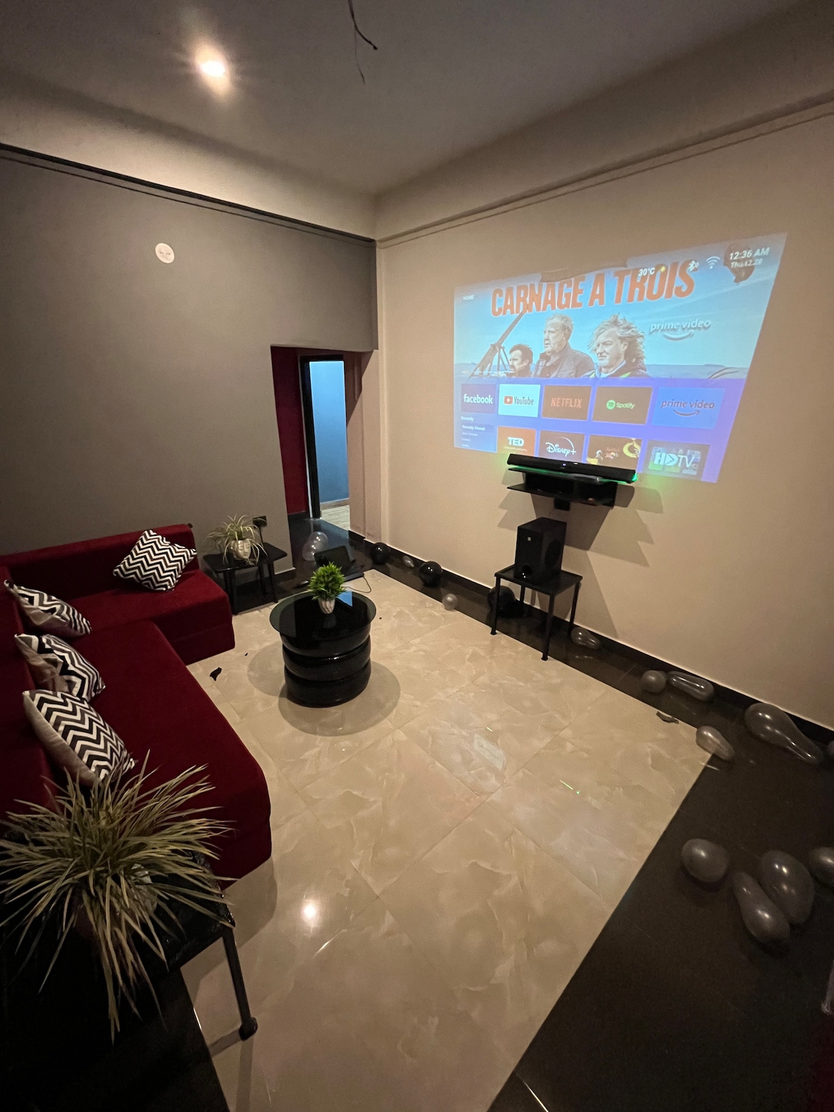 A modern living area features a plush red couch complemented by decorative cushions. A black coffee table holds a small green plant. A projector displays visuals on the wall, while a single chair and subtle decorations enhance the space.