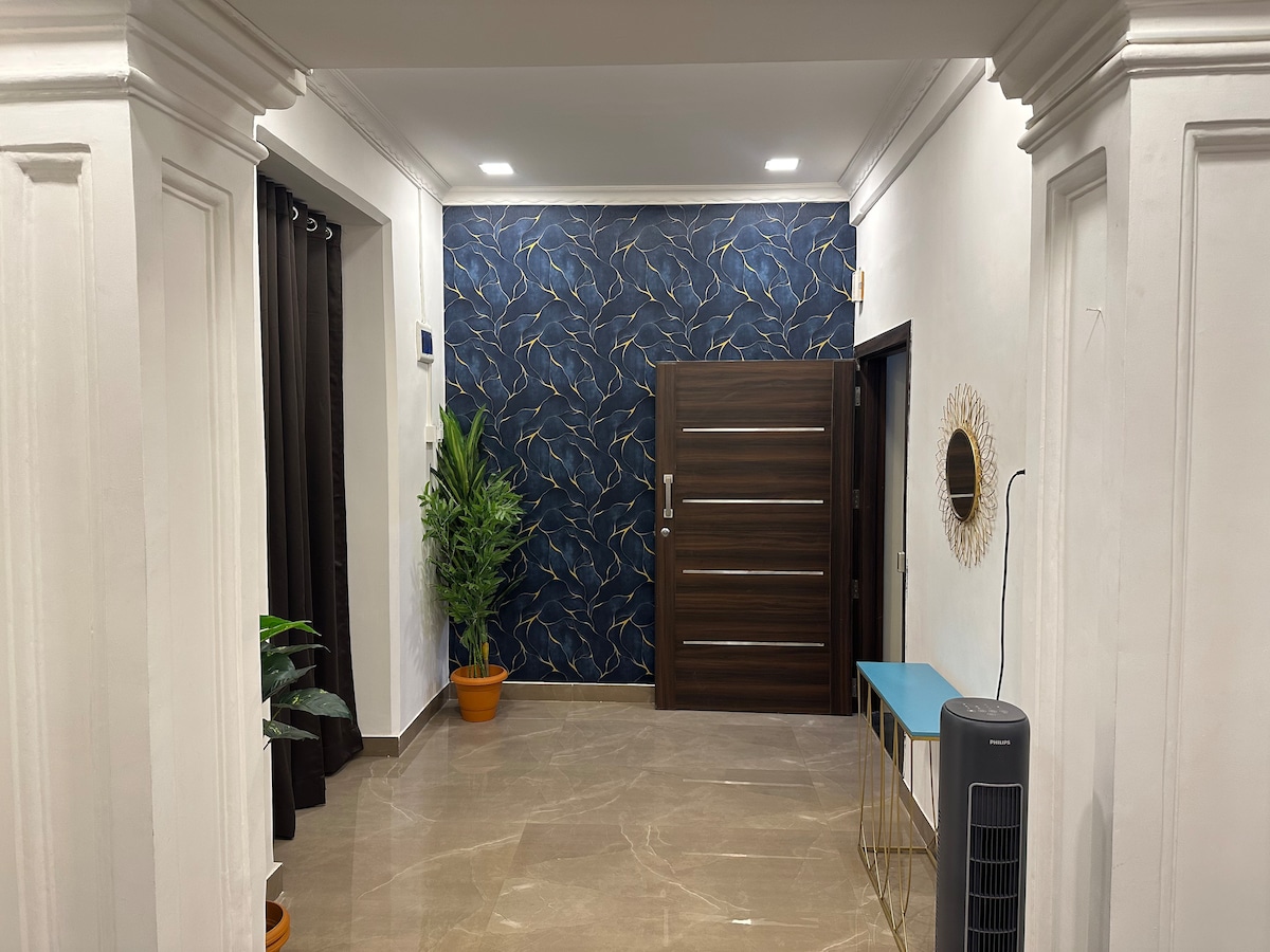 An entrance area is presented with a modern design, featuring a wooden door and a decorative blue wall adorned with gold accents. Potted plants add a touch of greenery, while a round mirror is mounted on the wall. A blue console table is positioned against the wall.