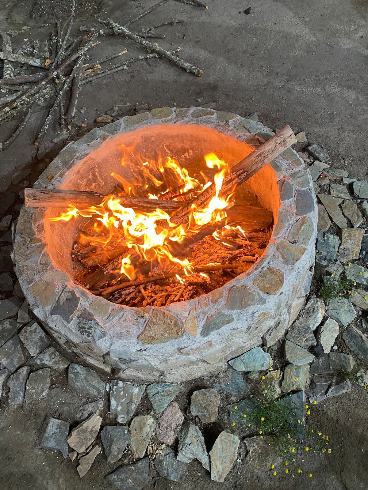 A stone fire pit, surrounded by a circle of rocks, is filled with a vibrant fire. Wooden logs and kindling are arranged within, emitting warm orange flames. The surrounding area features scattered small stones and hints of greenery, contributing to a cozy ambiance.