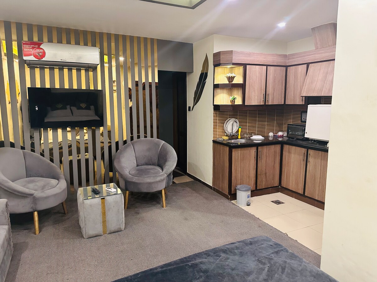 A modern living area features plush gray armchairs and a sleek glass coffee table. Behind, a compact kitchen is visible with wooden cabinetry and essential appliances. Accent lighting highlights the room's design, while a subtle separation is created by decorative wall panels.