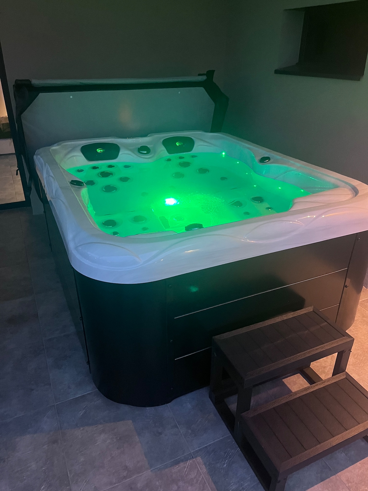 A spacious, modern jacuzzi is displayed with illuminated water in various shades of green. The jacuzzi features a sturdy, dark exterior and is accompanied by two black steps for easy access, set against a neutral-toned backdrop.