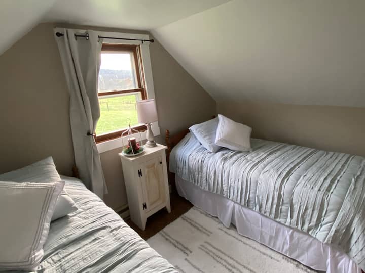 Two twin beds with a view of our pastures