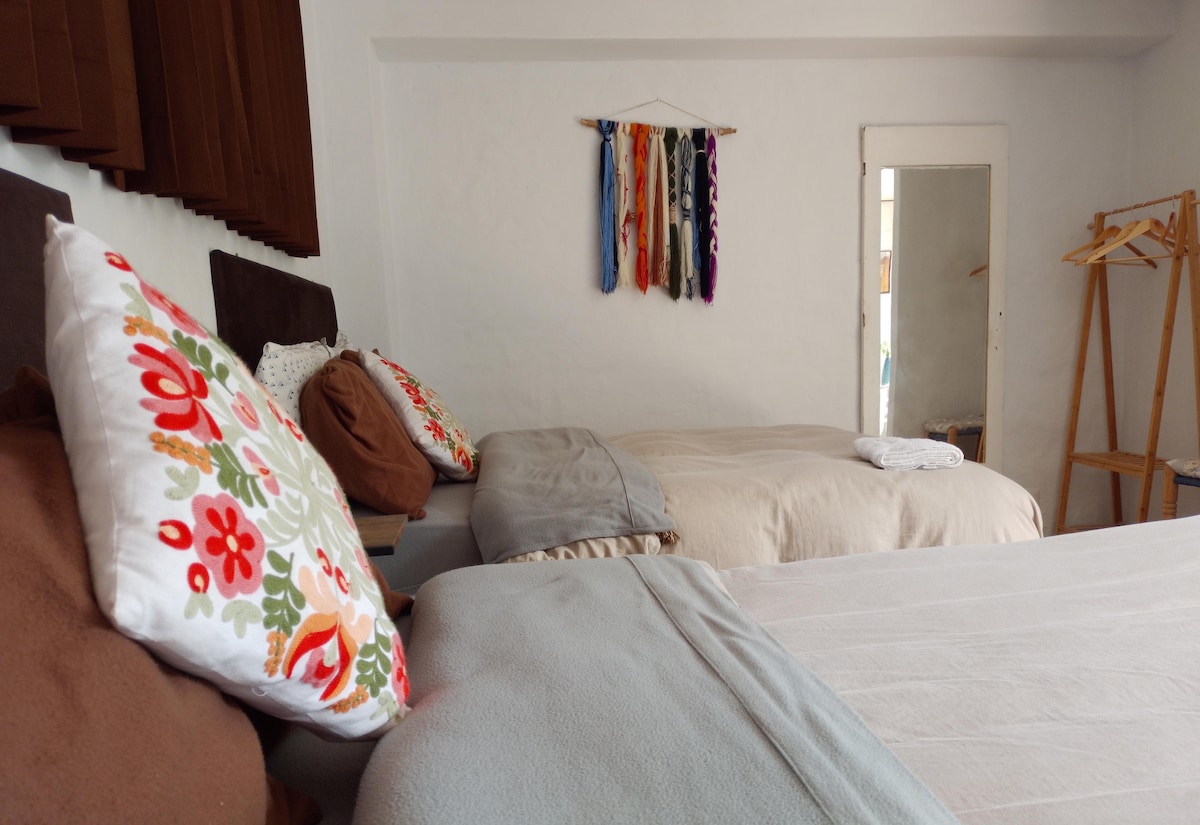 The sleeping area includes two spacious beds dressed in neutral-colored linens, accented by decorative pillows. A colorful textile piece is hung on the wall above the beds. A mirror and a wooden clothing rack are positioned to the side, creating a functional space.