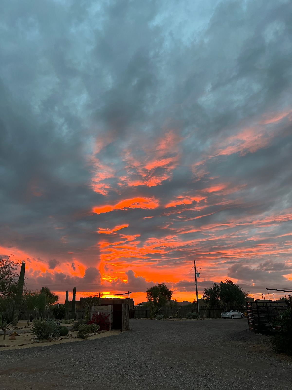 A dramatic sunset is captured, with vibrant oranges and reds contrasting against darkening clouds. Silhouettes of trees and structures create a tranquil atmosphere, while the beauty of the desert landscape is highlighted in the fading light.