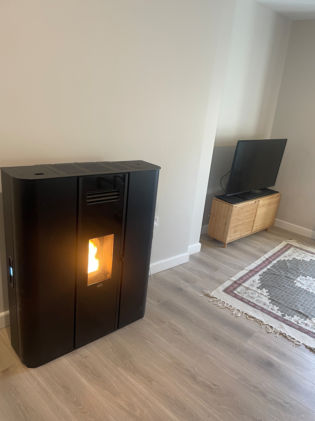 A modern wood pellet stove stands against a neutral wall, providing a warm glow from its flame. Adjacent to it, a flat-screen television is positioned on a light wooden cabinet. A patterned area rug adds texture to the light wood flooring.