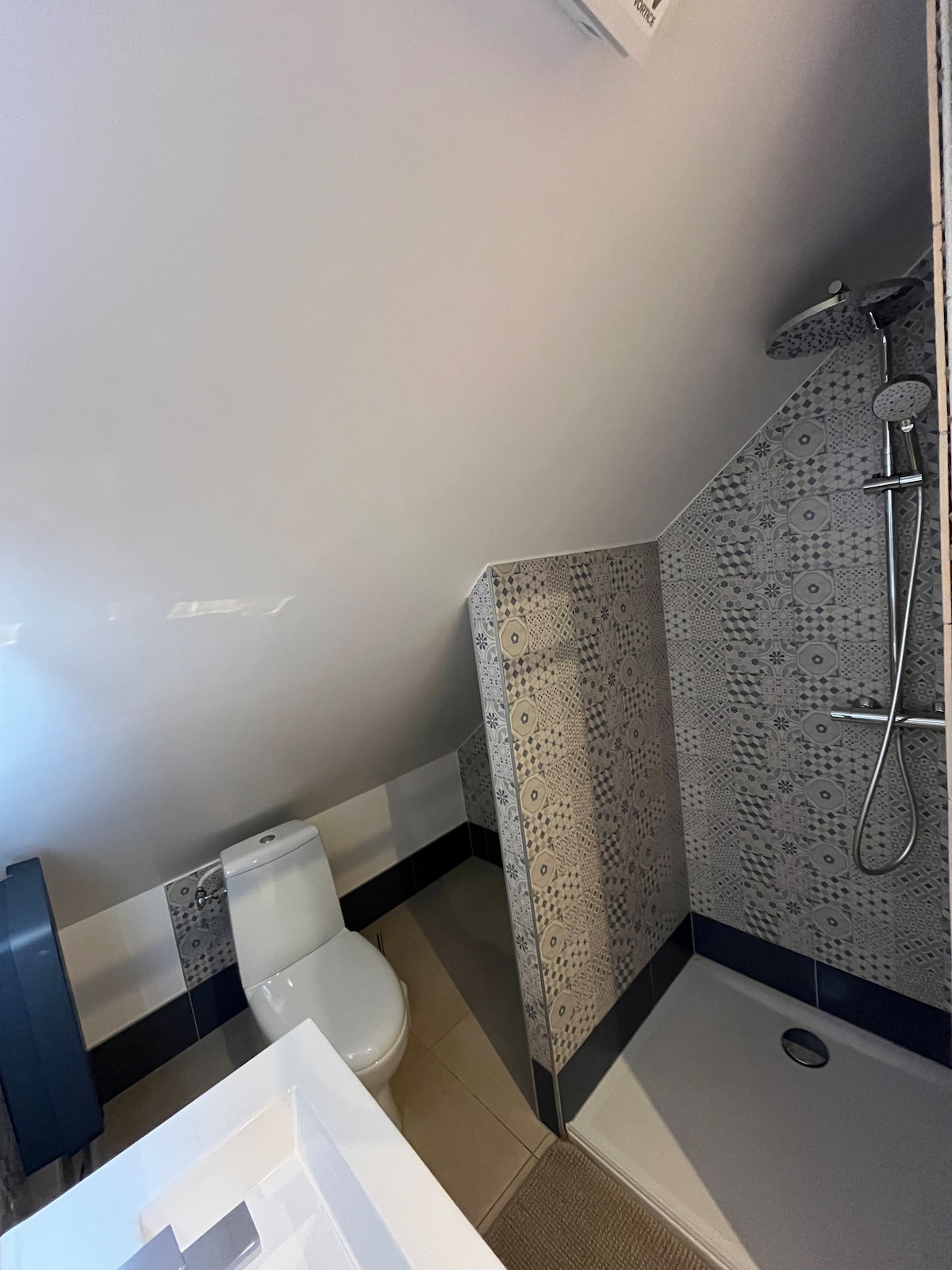 A compact bathroom features sloped ceilings with decorative tile work on the walls. A modern shower is positioned beside a white toilet. Natural light enters through a window, illuminating the clean lines and contemporary finishes of this renovated space.
