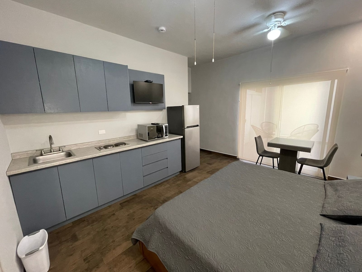 A compact living space features a king-size bed adjacent to a kitchenette with a refrigerator and microwave. A smart TV is mounted above the counter. A dining table for four is positioned by sliding doors, allowing natural light to flow into the area.