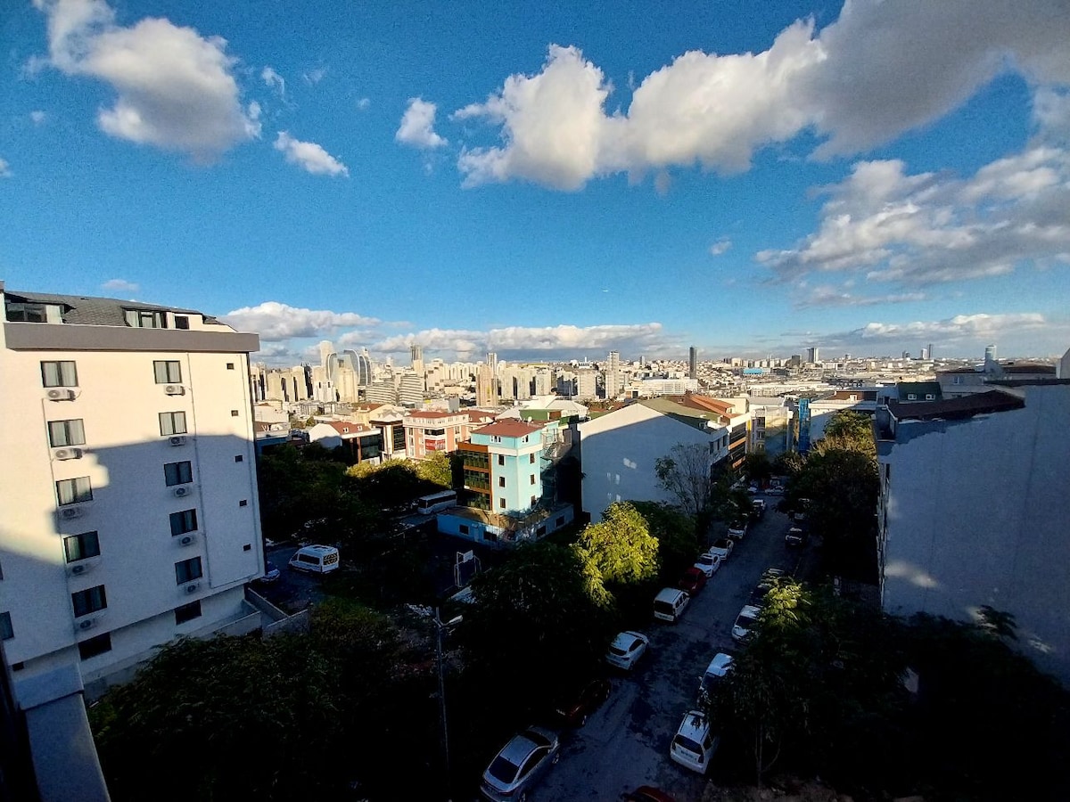 A panoramic view of the city skyline is captured under a bright blue sky, showcasing various buildings and green trees in the foreground. The urban landscape features a mix of modern and traditional architecture, and the scene is complemented by scattered clouds casting shadows.