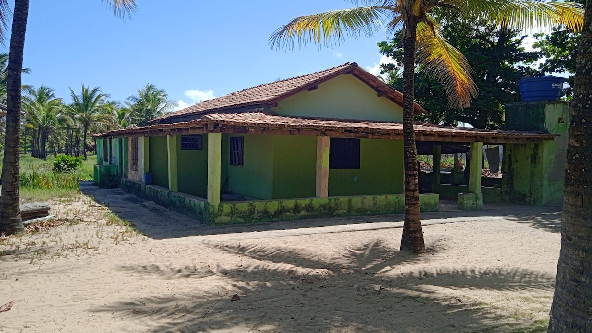 A simple house with green walls and a tiled roof is surrounded by sandy ground and palm trees. The structure features multiple windows and a covered porch, providing shade and ease of access to the outdoor space. The tranquil environment is steps away from the beach.