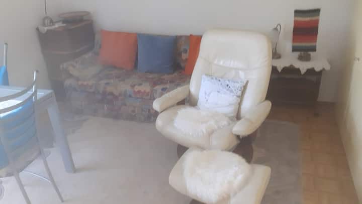 large living room with
Swinger (genuine leather, Finnish design (white mammoth foreskin leather ;=} lol),
Comfortable sofa bed with spring core mattresses, pull-out (sleeps 2),
"BREMEN" travel suitcase, wardrobe (white birch, high-gloss veneer)