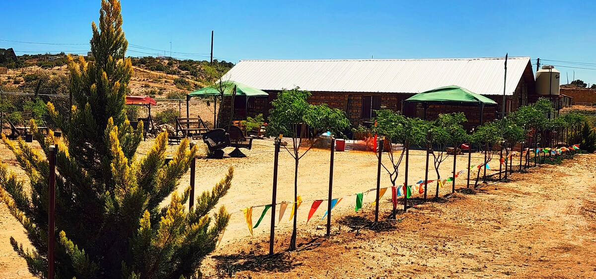 A rustic cabin is set against a clear blue sky, surrounded by a dirt area marked by colorful flags. Green umbrellas provide shade in front of the cabin, where a few seating arrangements are arranged. Young trees line the pathway, offering a glimpse of a peaceful outdoor setting.