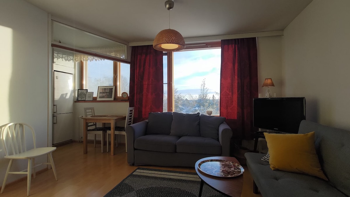 A living area features large windows framed by deep red curtains, allowing natural light to fill the space. A comfortable sofa and a striped rug complement a small dining table and chairs. Soft lighting is provided by a lamp near the TV.