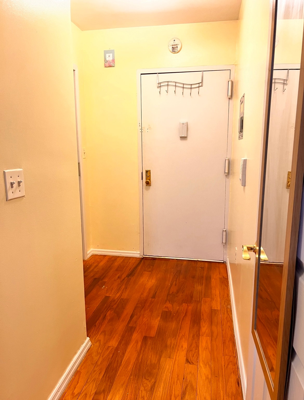 The entryway features light-colored walls and a wooden floor, leading to a white front door. A mirror is mounted on one wall, reflecting the space. A small wall hook is visible near the door, providing a convenient spot for items.